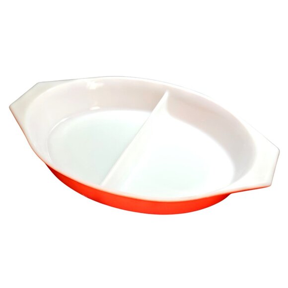 Pyrex Red Friendship Casserole Dish 1.5qt Divided No Lid vtg 70s bakeware bright - Picture 3 of 12